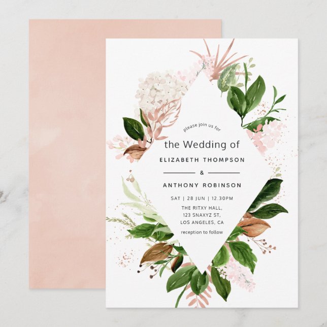 Rose Gold and Blush Geometric Greenery Wedding Invitation (Front/Back)