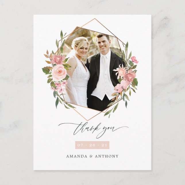 Rose Gold and Blush Geometric Wedding Photo Postcard (Front)