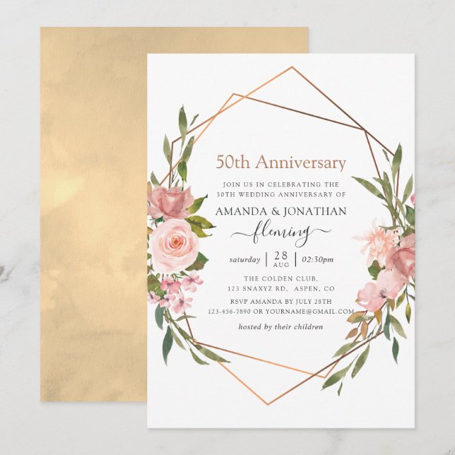 Rose Gold and Blush Pink 50th Wedding Anniversary Invitation (Front/Back)