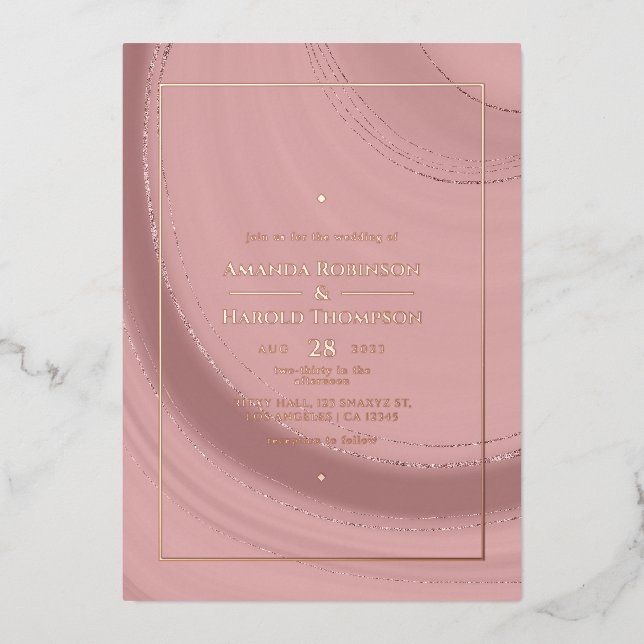 Rose Gold and Blush Pink Agate Wedding Foil Invita (Front)