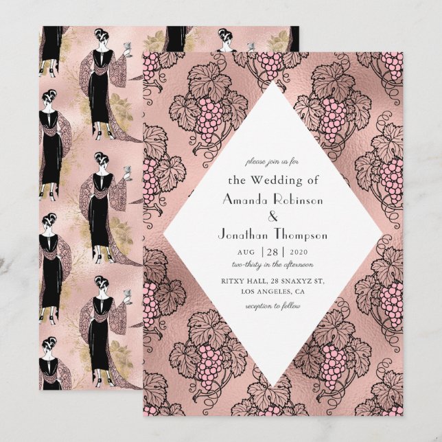 Rose Gold and Blush Pink Art Deco Wine Wedding Invitation (Front/Back)