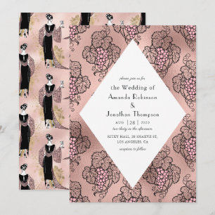 Rose Gold and Blush Pink Art Deco Wine Wedding Invitation