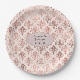 Rose Gold and Blush Pink Damask Foil Wedding Paper Plate