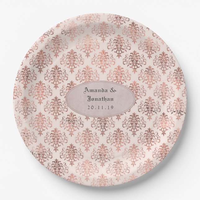 Rose Gold and Blush Pink Damask Foil Wedding Paper Plate (Front)