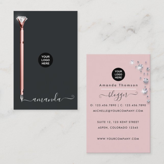 Rose Gold and Blush Pink Diamond Pen Business Card (Front/Back)