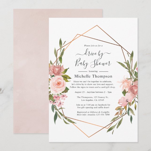 Rose Gold and Blush Pink Drive By Shower Invitation (Front/Back)