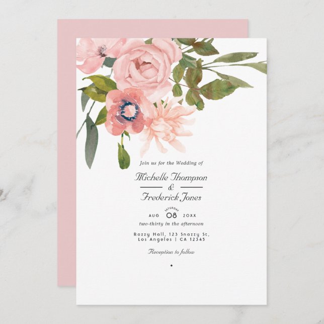 Rose Gold and Blush Pink Floral QR Code Wedding Invitation (Front/Back)