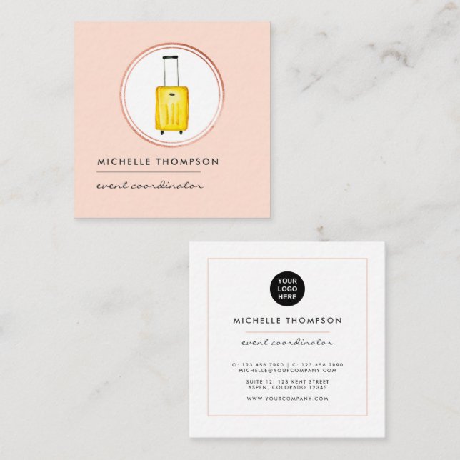 Rose Gold and Blush Pink Logo Travel Square Business Card (Front/Back)