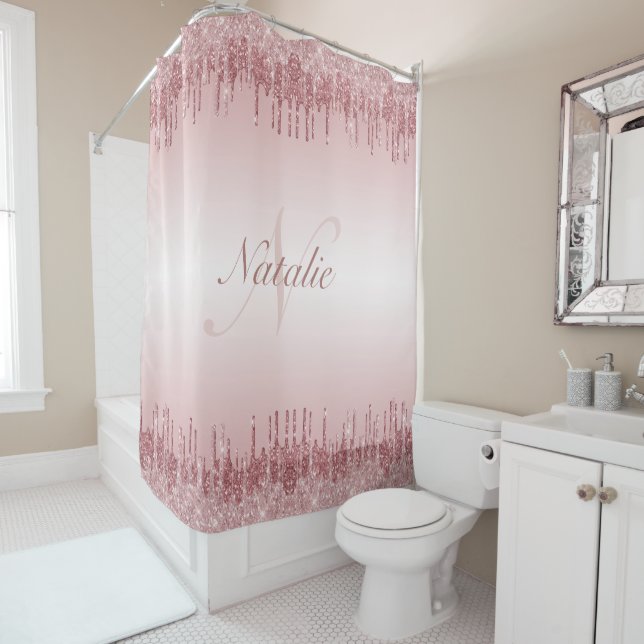 Rose gold and blush pink monogram shower curtain (In Situ)