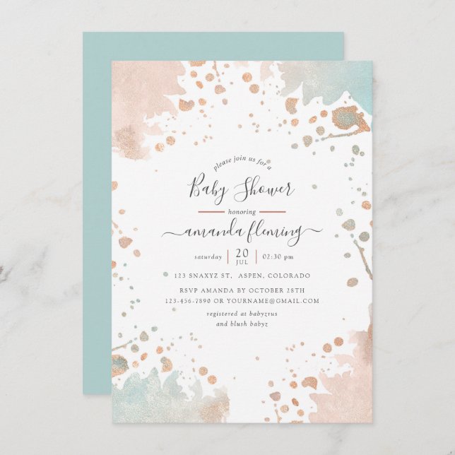 Rose Gold and Blush Pink Paint Splash Baby Shower Invitation (Front/Back)