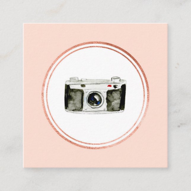 Rose Gold and Blush Pink Photographer Media Icon Square Business Card (Front)