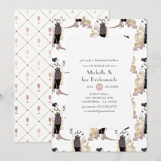 Rose Gold and Blush Wine Bridesmaids Luncheon Invitation (Front/Back)
