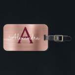 Rose Gold and Burgundy Brushed Metal Monogram Luggage Tag<br><div class="desc">Rose Gold - Blush Pink and Burgundy Marsala Brushed Metal Foil Monogram Name and Initial Luggage Tag. This bag tag is perfect for Back to School,  Work,  or Travelling.</div>
