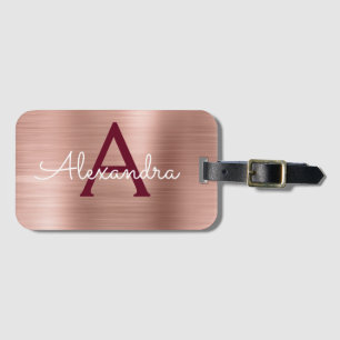 Rose Gold and Burgundy Brushed Metal Monogram Luggage Tag