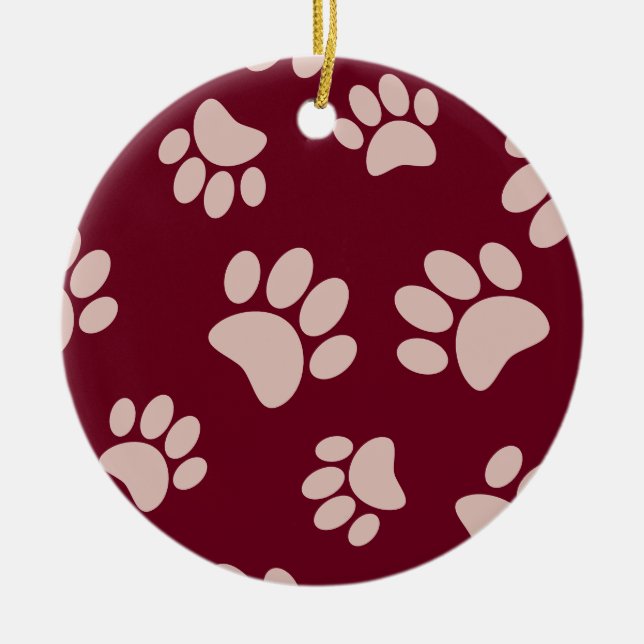 Rose Gold And Burgundy Colour Dog Paw Pattern Ceramic Tree Decoration (Front)