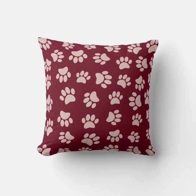 Rose Gold And Burgundy Colour Dog Paw Pattern Cushion (Front)