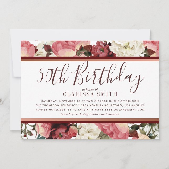 Rose Gold and Burgundy Flowers 50th Birthday Party Invitation (Front)