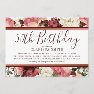 Rose Gold and Burgundy Flowers 50th Birthday Party Invitation