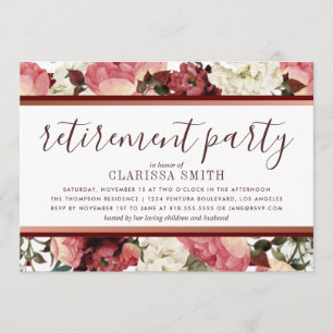 Rose Gold and Burgundy Flowers Retirement Party Invitation