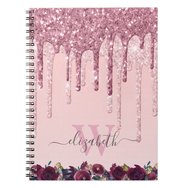Rose Gold and Burgundy Glitter Drips Monogrammed Notebook (Front)