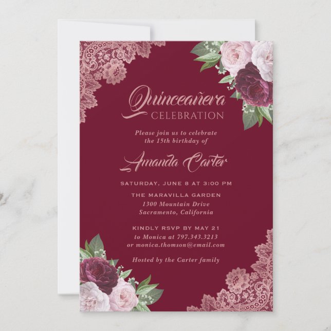 Rose Gold and Burgundy Quinceañera 15th Birthday Invitation (Front)