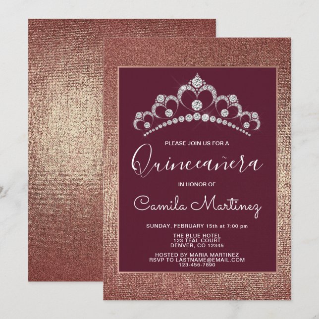 Rose Gold and Burgundy Quinceanera with Tiara Invitation (Front/Back)
