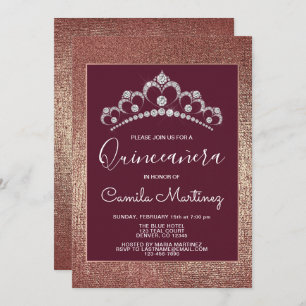 Rose Gold and Burgundy Quinceanera with Tiara Invitation
