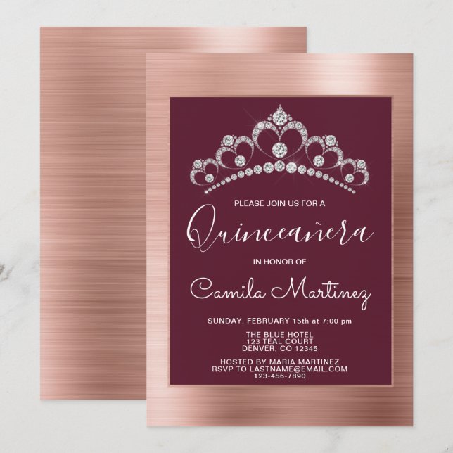 Rose Gold and Burgundy Quinceanera with Tiara Invitation (Front/Back)