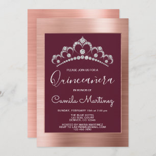 Rose Gold and Burgundy Quinceanera with Tiara Invitation