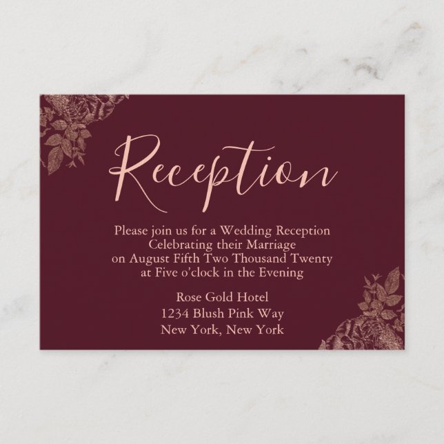 Rose Gold and Burgundy Wedding Reception Enclosure Card (Front)