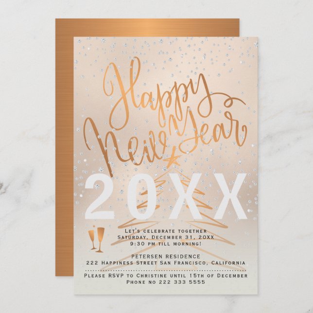Rose Gold and Copper Metallic New Year Party Invitation (Front/Back)