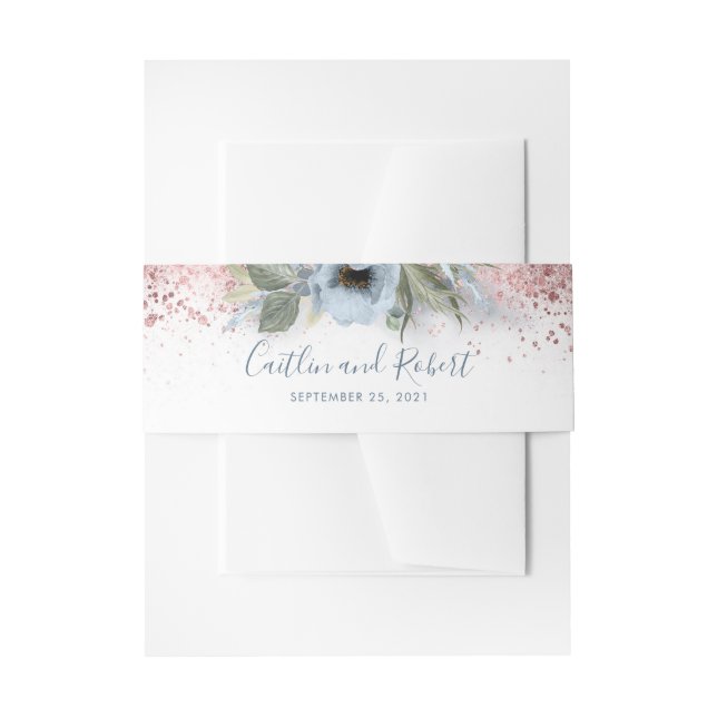 Rose Gold and Dusty Blue Floral Wedding Invitation Belly Band (Front Example)