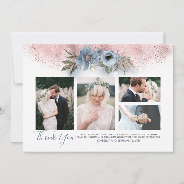 Rose Gold and Dusty Blue Wedding Photos Card (Front)