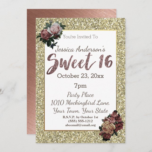 Rose Gold and Faux Glitter Floral Sweet 16 Invitation (Front/Back)