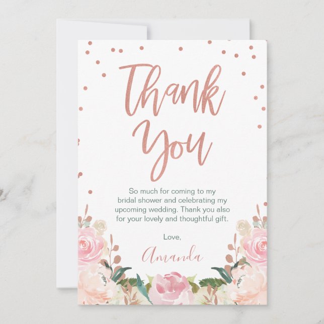 Rose Gold and Floral Bridal Shower Thank You Card (Front)