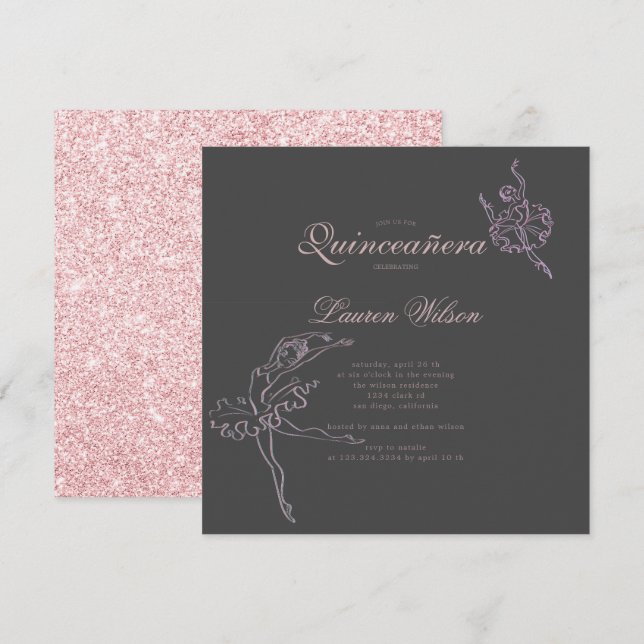 Rose Gold and glitter Ballet Quinceanera Invitation (Front/Back)