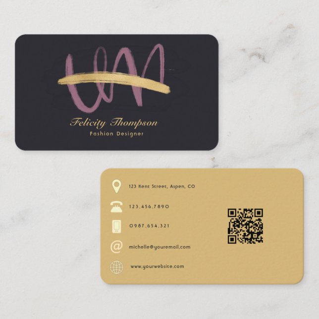 Rose Gold and Gold Brush Strokes QR Code Business Card (Front/Back)