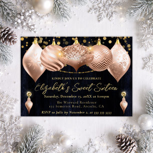 Rose Gold and Gold Christmas Baubles Sweet 16 Invitation