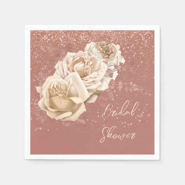 Rose Gold and Ivory Rose Elegant Bridal Shower Napkin (Front)