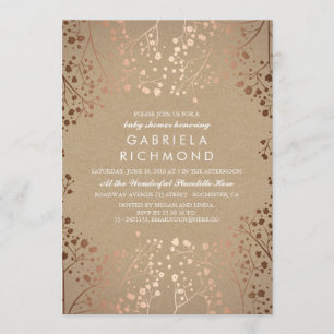 Rose Gold and Kraft Floral White Baby Shower Invitation