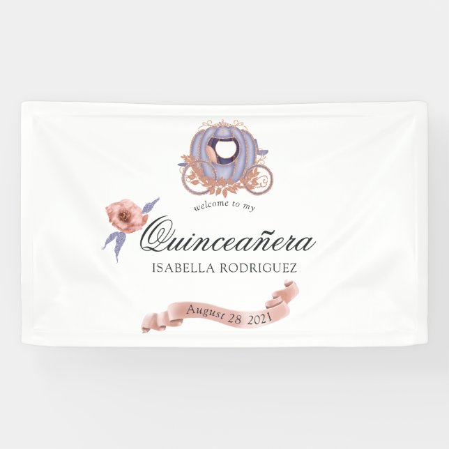 Rose Gold and Lilac Glitter Princess Quinceañera Banner (Horizontal)