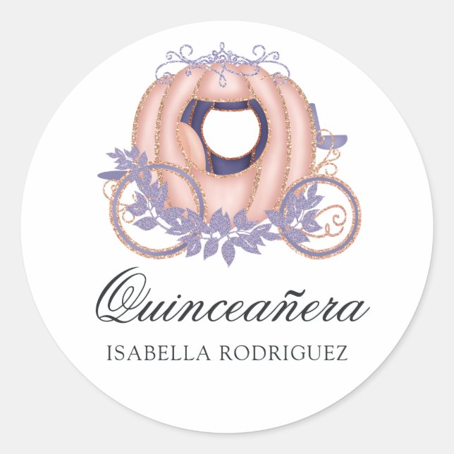 Rose Gold and Lilac Glitter Princess Quinceañera Classic Round Sticker (Front)