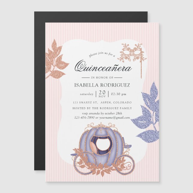 Rose Gold and Lilac Glitter Princess Quinceañera Magnetic Invitation (Front/Back)