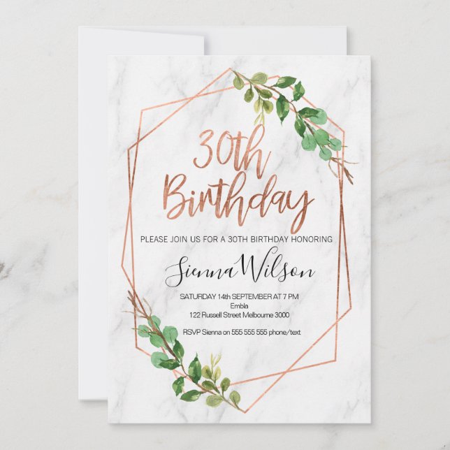 Rose gold and marble 30th Birthday invitation (Front)