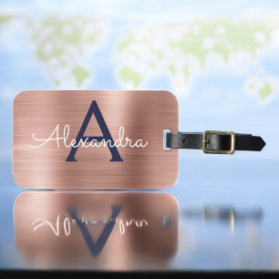 Rose Gold and Navy Blue Brushed Metal Monogram Luggage Tag