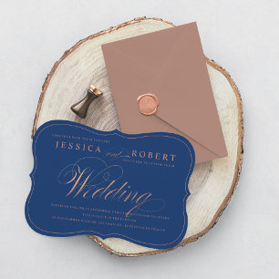 Rose Gold and Navy Blue Elegant Script Wedding Invitation