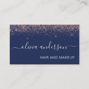 Rose Gold and Navy Blue Glitter Hair Makeup Salon Business Card