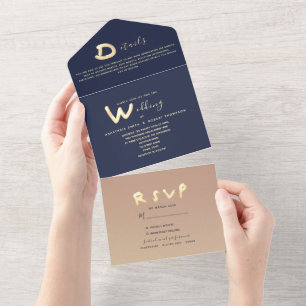 Rose Gold and Navy Blue Wedding All In One Invitation