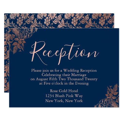Image of Rose Gold and Navy Blue Wedding Reception Invitation