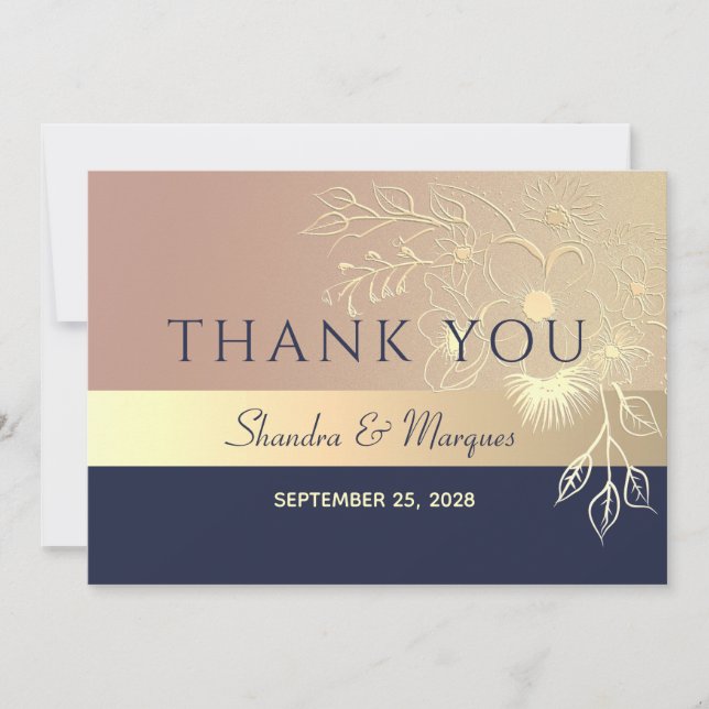 Rose Gold and Navy Blue Wedding Thank You Card (Front)